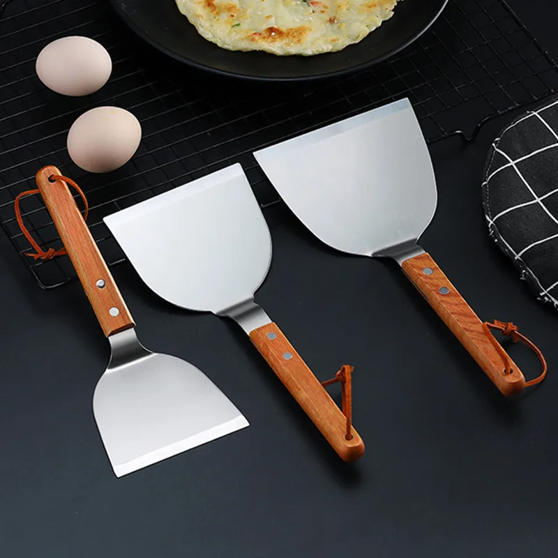 Okonomiyaki Spatula - Roestvrij staal houten handvat Teppanyaki-schep Antislip