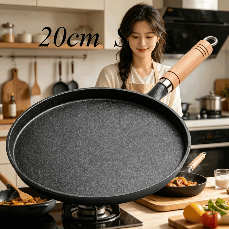 Egg Waffle Pan - 20 cm gietijzeren koekenpan met houten